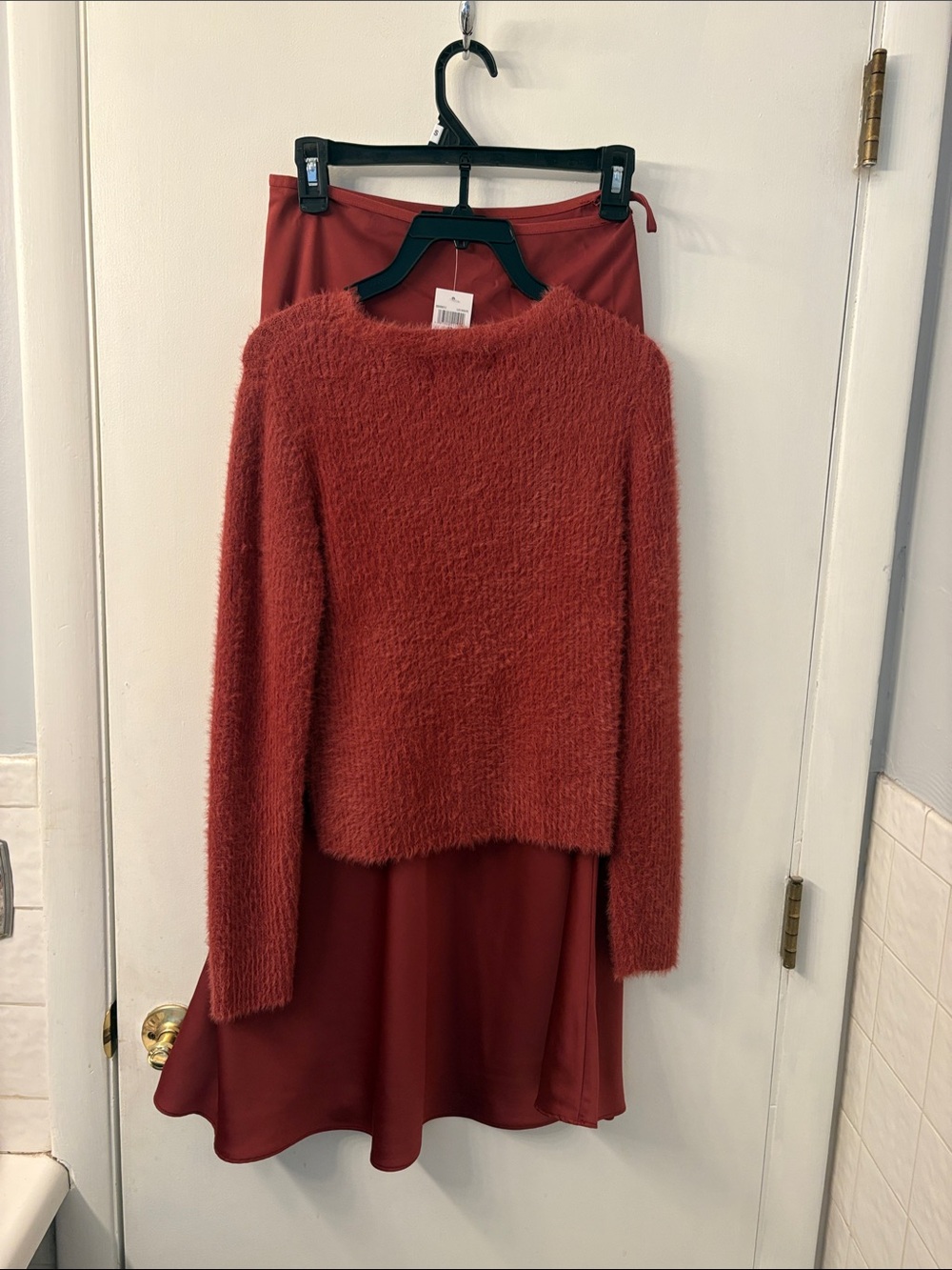 Truth Rust Red Fuzzy Knit Sweater with Matching A-Line Skirt